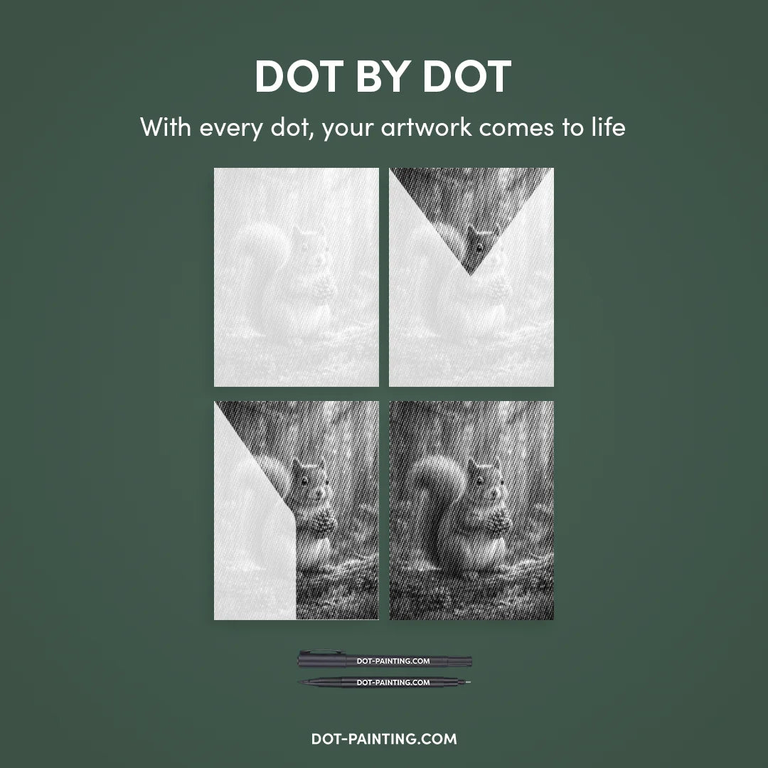 Eichhörnchen mit Tannenzapfen-Punktmalerei