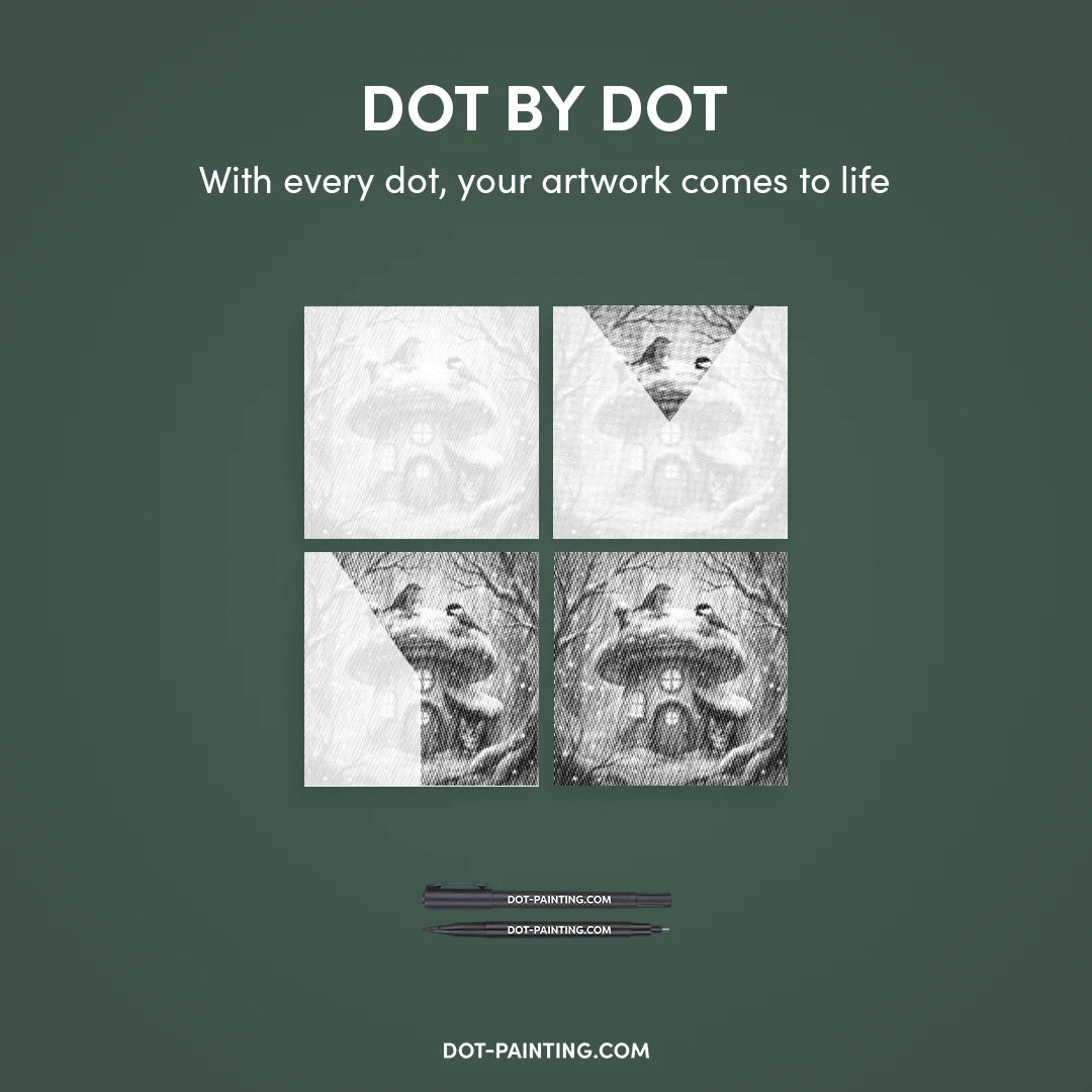 Kätzchen und Vögel im Schnee-Punkt-Gemälde