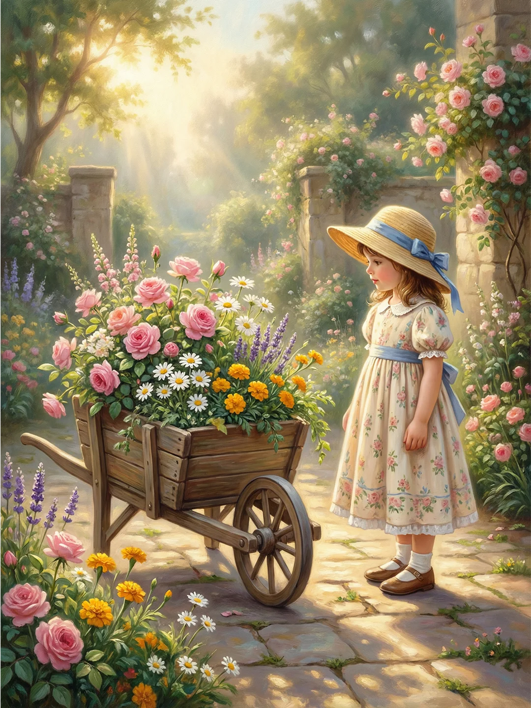 Girl with Flower Cart Dot Painting